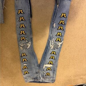 MNML Light Blue Skinny Jeans with Yellow Butterfly Patches
